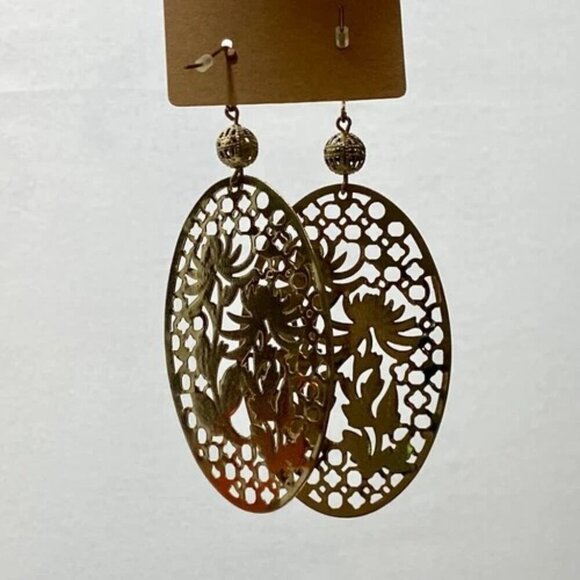 Forever 21 Goldtone Oval Earrings Lace Lattice Etched Dangle Hook Boho NWOT - Picture 7 of 8